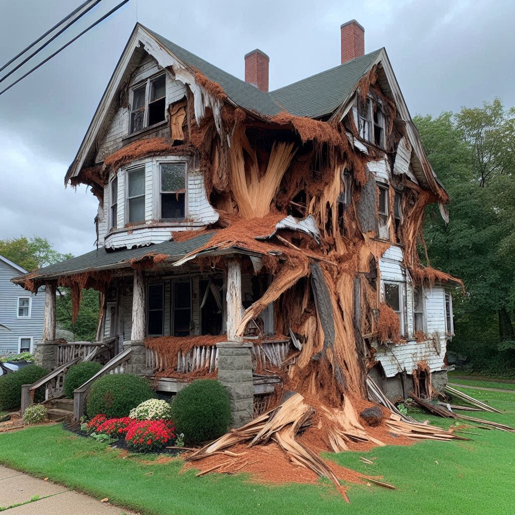 Damaged tree on an Chestnut Hill home showing signs of disease and decay